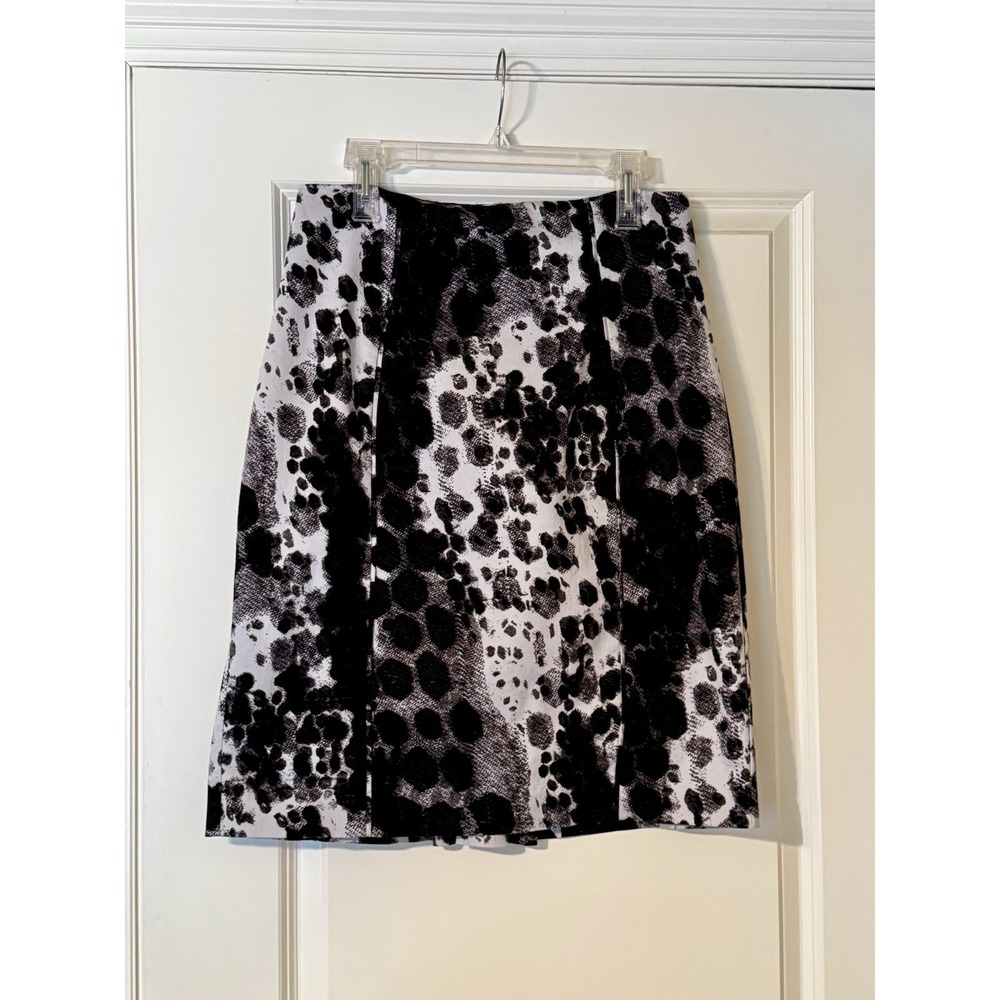 Worthington Black/White Animal Print A-Line Pleated Zip Knee Skirt Womens 14P